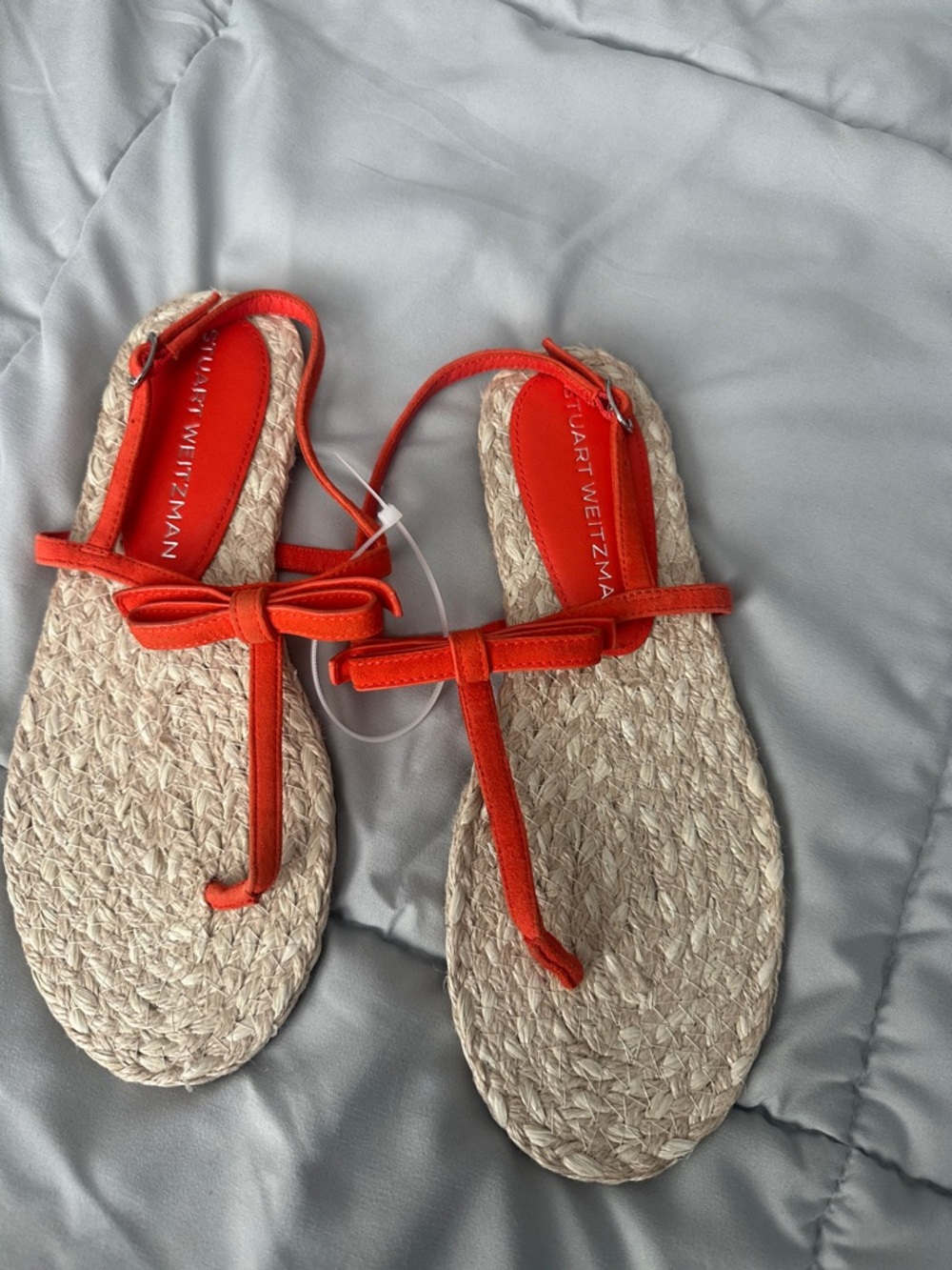 Stuart Weitzman Orange Bow Espadrille T-Strap Sandals